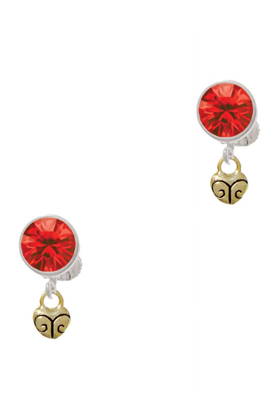 Goldtone Mini Scroll Heart Red Crystal Clip on Earrings