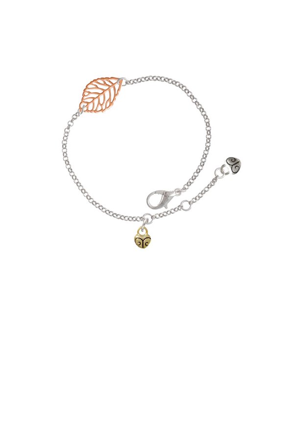 Goldtone Mini Scroll Heart - Rose Goldtone Leaf Delicate Bracelet, 6.25+1.75"