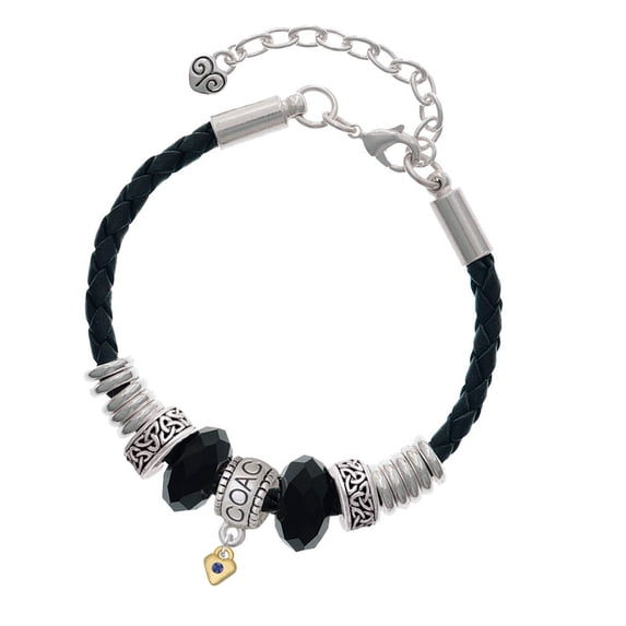 Delight Jewelry Goldtone Mini September - Blue Crystal Heart Coach Celtic Knot Leather Bead Bracelet, 7"+2" Extender