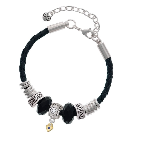 Delight Jewelry Goldtone Mini September - Blue Crystal Heart Mom Celtic Knot Leather Bead Bracelet, 7"+2" Extender