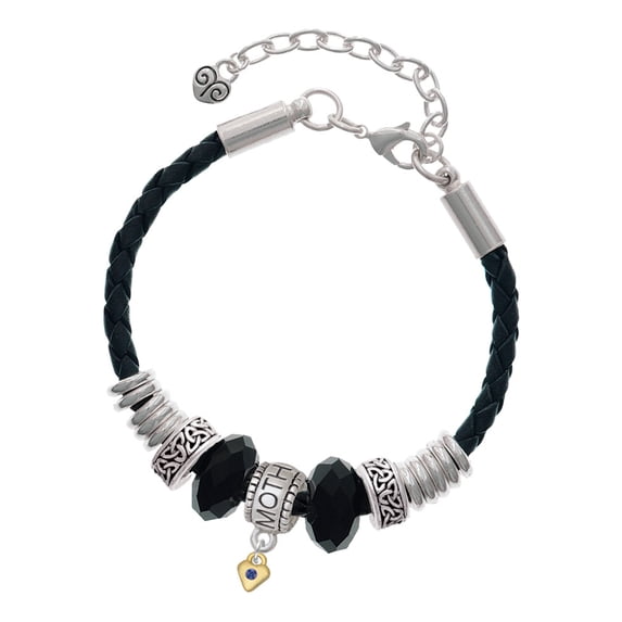 Delight Jewelry Goldtone Mini September - Blue Crystal Heart Mother Celtic Knot Leather Bead Bracelet, 7"+2" Extender