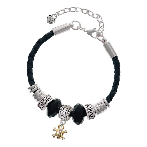 Delight Jewelry Goldtone Mini Skull & Bones with Crystals Mother Celtic Knot Leather Bead Bracelet, 7"+2" Extender