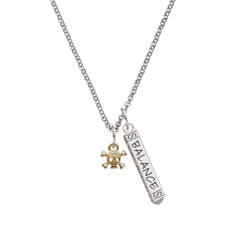 Delight Jewelry Goldtone Mini Skull & Bones with Crystals Silvertone Balance Bar Charm Necklace, 23"