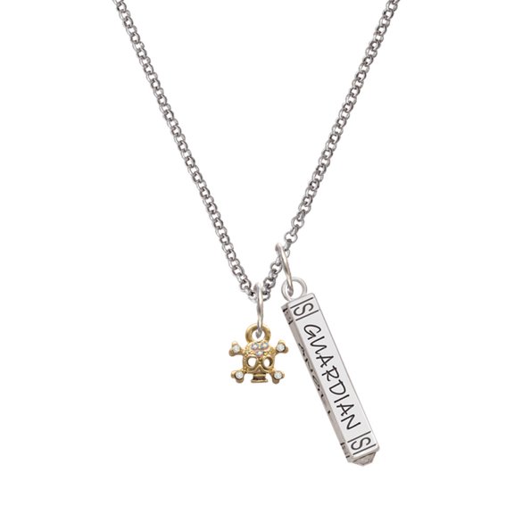 Delight Jewelry Goldtone Mini Skull & Bones with Crystals Silvertone Guardian Angel Bar Charm Necklace, 23"