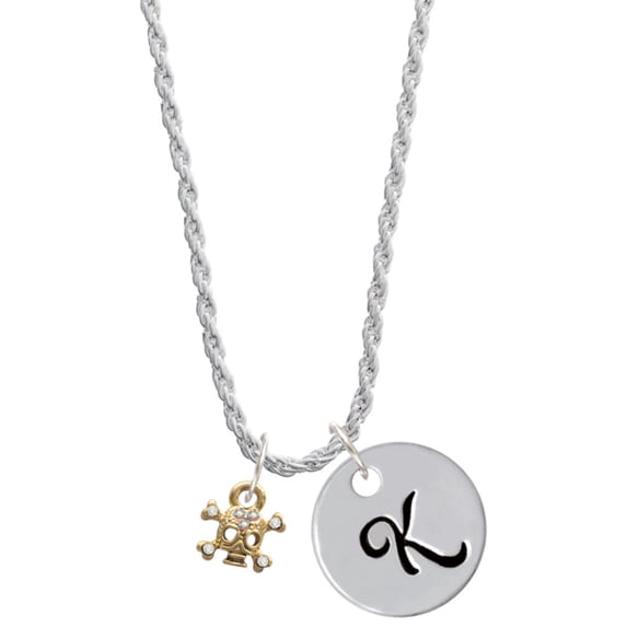 Delight Jewelry Goldtone Mini Skull & Bones with Crystals Silvertone Script Initial Disc - K - Charm Necklace, 20"+3"