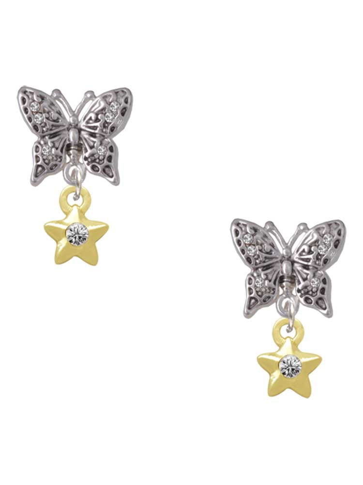 Delight Jewelry Goldtone Mini Star with Clear Crystal Silvertone Antiqued Butterfly Post Earrings