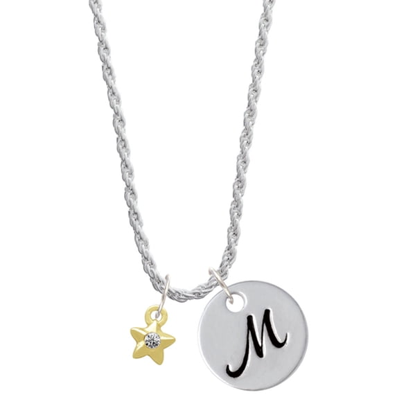 Delight Jewelry Goldtone Mini Star with Clear Crystal Silvertone Script Initial Disc - M - Charm Necklace, 20"+3"