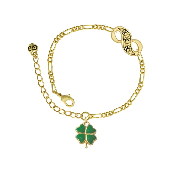 Delight Jewelry Goldtone Opaque Green Lucky Four Leaf Clover Gold-tone Paw Infinity Link Chain Bracelet, 6"+2" Extender