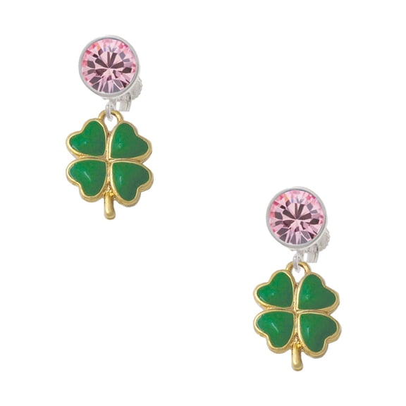 Delight Jewelry Goldtone Opaque Green Lucky Four Leaf Clover Pink Crystal Clip on Earrings