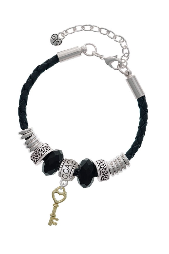 Goldtone Open Heart Key Coach Celtic Knot Leather Bead Bracelet, 7"+2" Extender