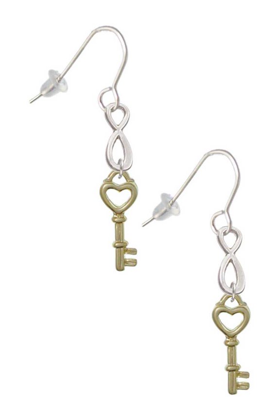 Goldtone Open Heart Key Silver tone Infinity French Earrings