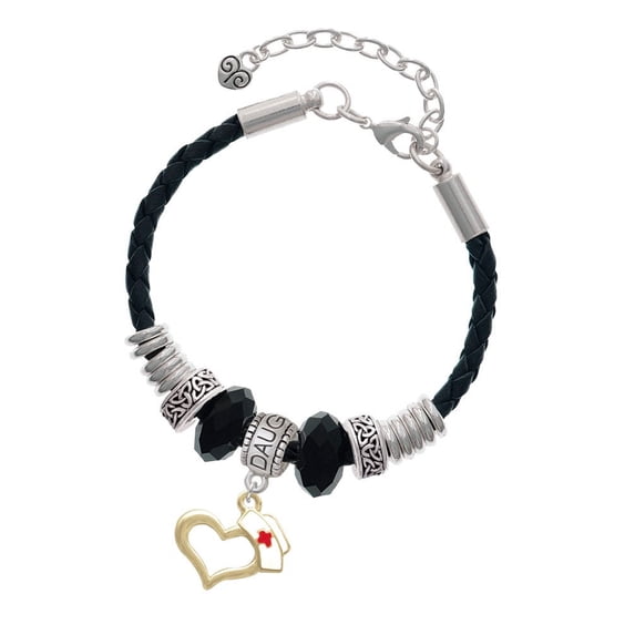 Delight Jewelry Goldtone Open Heart with Nurse Hat Daughter Celtic Knot Leather Bead Bracelet, 7"+2" Extender