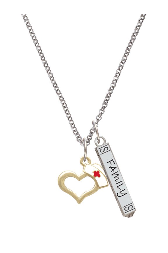 Goldtone Open Heart with Nurse Hat Silvertone Family Bar Charm Necklace, 23"