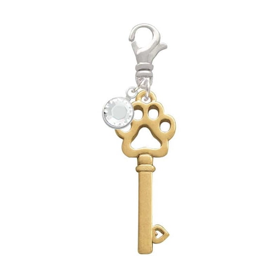 Delight Jewelry Goldtone Open Paw Key - Silvertone Clip on Charm with Clear Crystal Drop