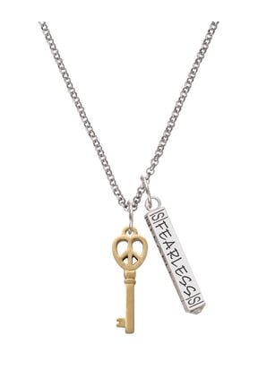 Goldtone Open Peace Heart Key Silvertone Fearless Bar Charm Necklace, 23"