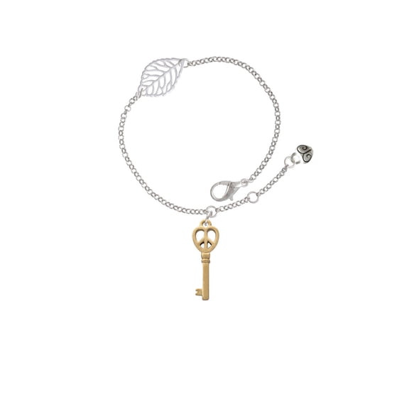 Delight Jewelry Goldtone Open Peace Heart Key - Silvertone Leaf Delicate Bracelet, 6.25+1.75"