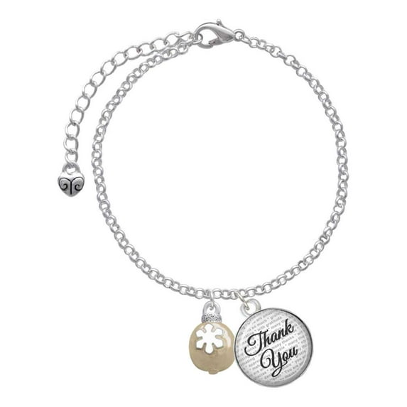 Delight Jewelry Goldtone Ornament with White Snowflake - Domed Thank You Charm Bracelet, 6"+2"