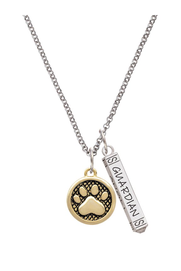 Goldtone Paw in Circle Silvertone Guardian Angel Bar Charm Necklace, 23"