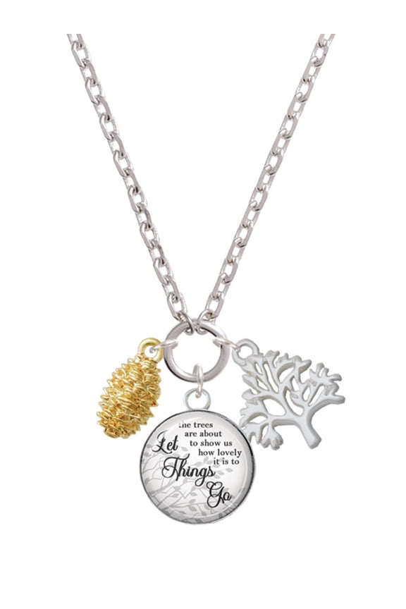 Goldtone Pine Cone Let Things Go Fall Zoey Charm Necklace, 28"