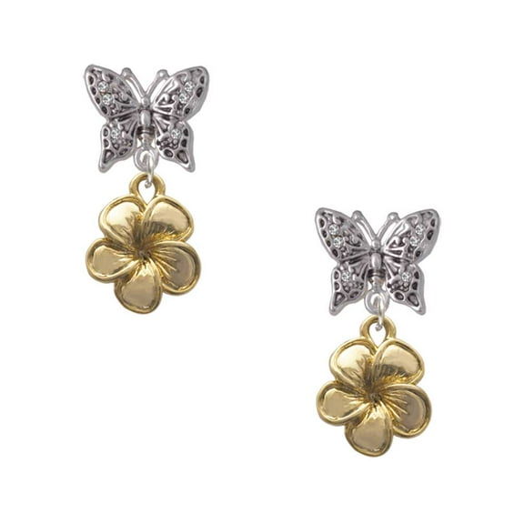 Delight Jewelry Goldtone Plumeria Flower Silvertone Antiqued Butterfly Post Earrings