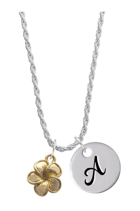 Goldtone Plumeria Flower Silvertone Script Initial Disc - A - Charm Necklace, 20"+3"
