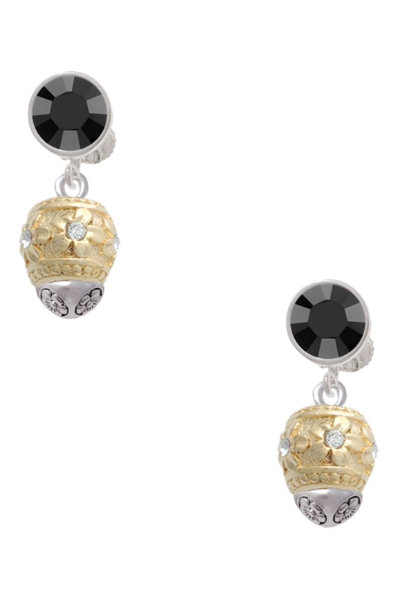 Goldtone Raised Flowers with Clear Crystals on Barrel Spinner Black Crystal Clip on Earrings