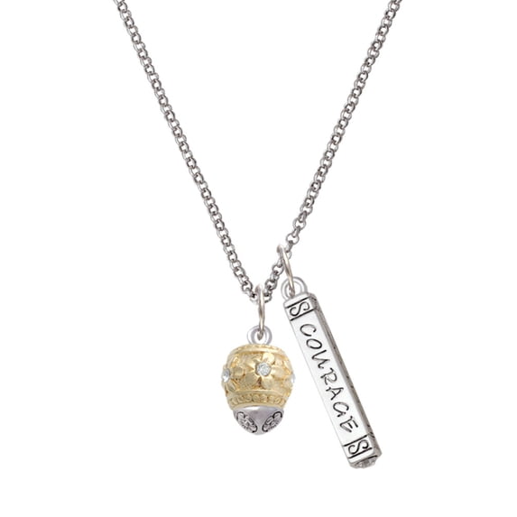 Delight Jewelry Goldtone Raised Flowers with Clear Crystals on Barrel Spinner Silvertone Courage Strength Wisdom Honesty Bar Charm Necklace, 23"