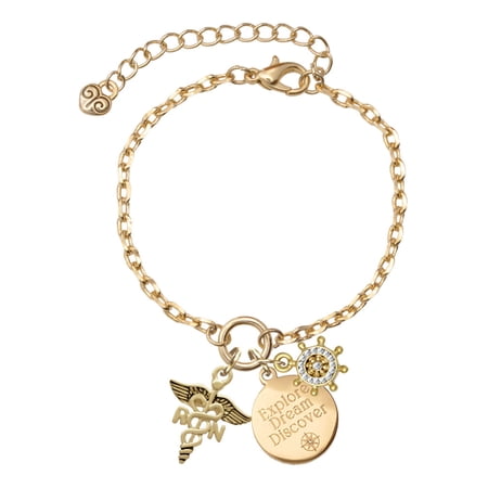 Delight Jewelry Goldtone Registered Nurse Caduceus Goldtone Discover Dream Explore Zoey Charm Bracelet, 6.5+2" Extender