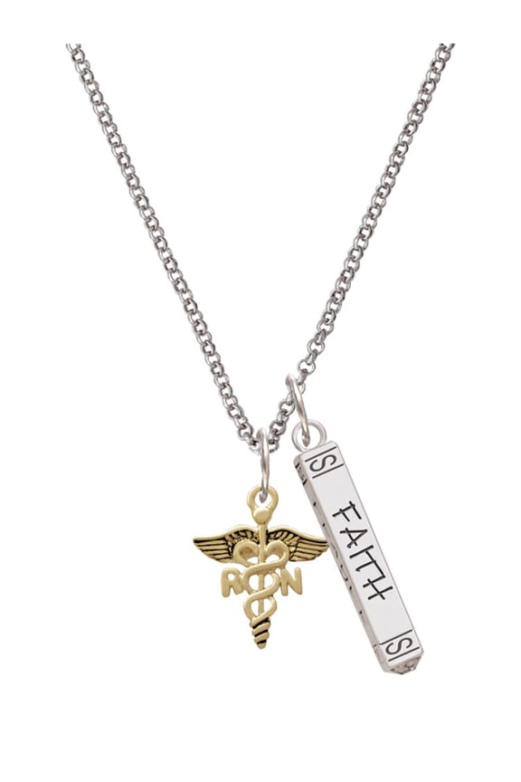 Goldtone Registered Nurse Caduceus Silvertone Believe Faith Prayer Hope Bar Charm Necklace, 23"