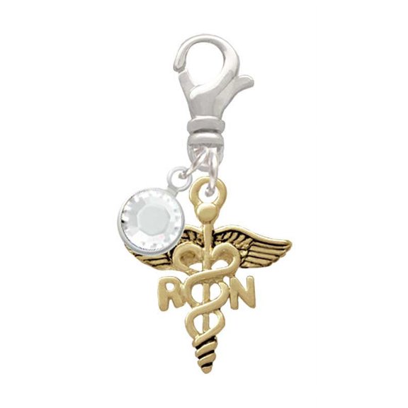 Delight Jewelry Goldtone Registered Nurse Caduceus - Silvertone Clip on Charm with Clear Crystal Drop