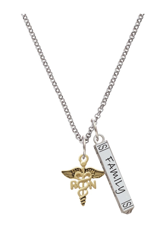 Goldtone Registered Nurse Caduceus Silvertone Family Bar Charm Necklace, 23"