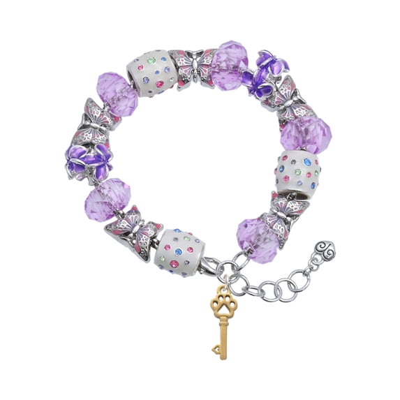 Delight Jewelry Goldtone Silvertone Small Open Paw Key Purple Butterfly Bead Charm Bracelet, 7"+1" Extender
