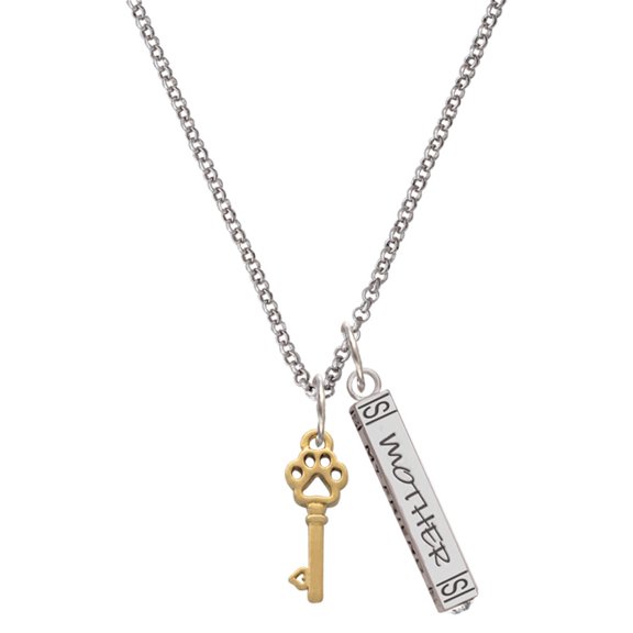 Delight Jewelry Goldtone Silvertone Small Open Paw Key Silvertone Mother Daughter Bar Charm Necklace, 23"