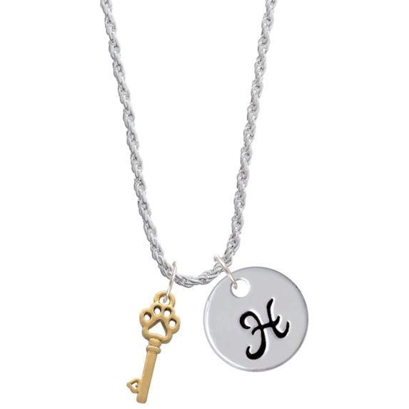 Delight Jewelry Goldtone Silvertone Small Open Paw Key Silvertone Script Initial Disc - H - Charm Necklace, 20"+3"