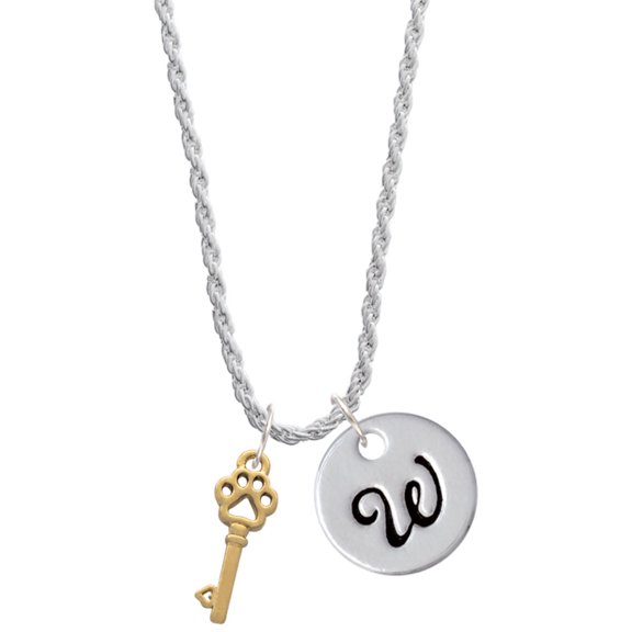 Delight Jewelry Goldtone Silvertone Small Open Paw Key Silvertone Script Initial Disc - W - Charm Necklace, 20"+3"