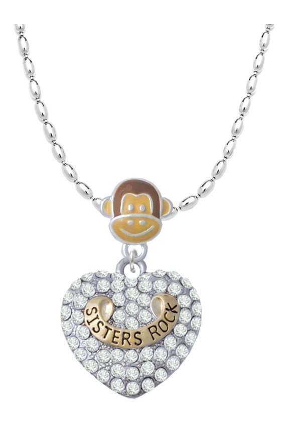 Goldtone Sisters Rock on Clear Crystal Heart Mia Monkey Charm Necklace