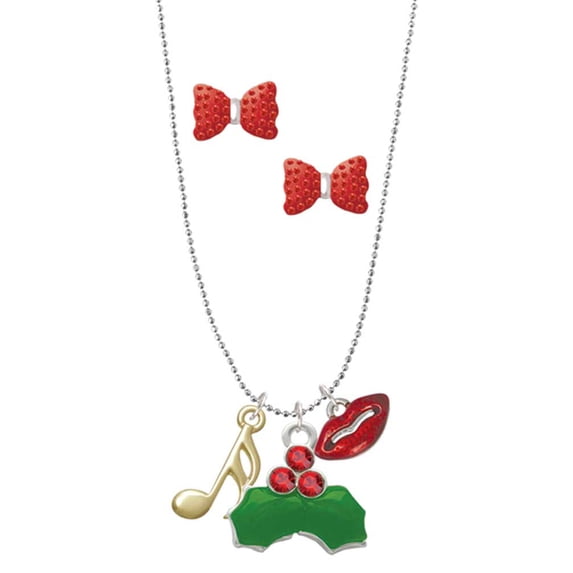 Delight Jewelry Goldtone Sixteenth Note Christmas Kiss Charm Necklace and Stud Earrings