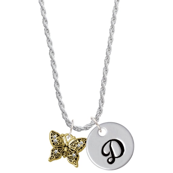 Delight Jewelry Goldtone Small Antiqued Crystal Butterfly Silvertone Script Initial Disc - D - Charm Necklace, 20"+3"