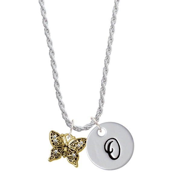 Delight Jewelry Goldtone Small Antiqued Crystal Butterfly Silvertone Script Initial Disc - O - Charm Necklace, 20"+3"