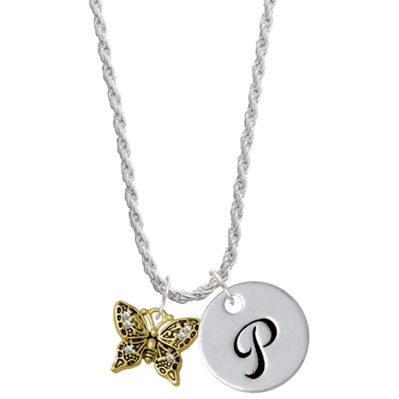 Delight Jewelry Goldtone Small Antiqued Crystal Butterfly Silvertone Script Initial Disc - P - Charm Necklace, 20"+3"