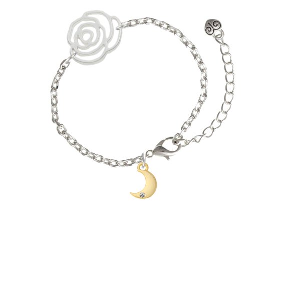 Delight Jewelry Goldtone Small Crescent Moon Silver-tone Flower Link Chain Bracelet, 6.75"+2" Extender