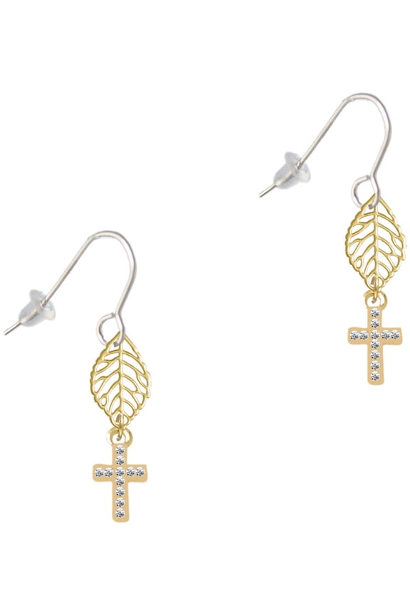 Goldtone Small Crystal Cross Goldtone Leaf French Earrings