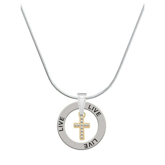 Delight Jewelry Goldtone Small Crystal Cross Live Ring Charm Necklace, 18"