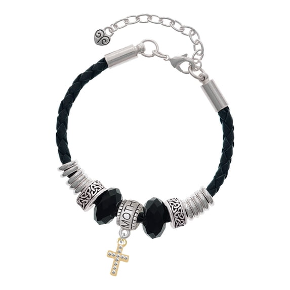 Delight Jewelry Goldtone Small Crystal Cross Mother Celtic Knot Leather Bead Bracelet, 7"+2" Extender