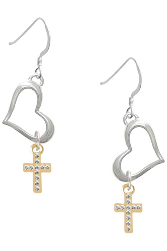 Goldtone Small Crystal Cross Open Heart French Earrings