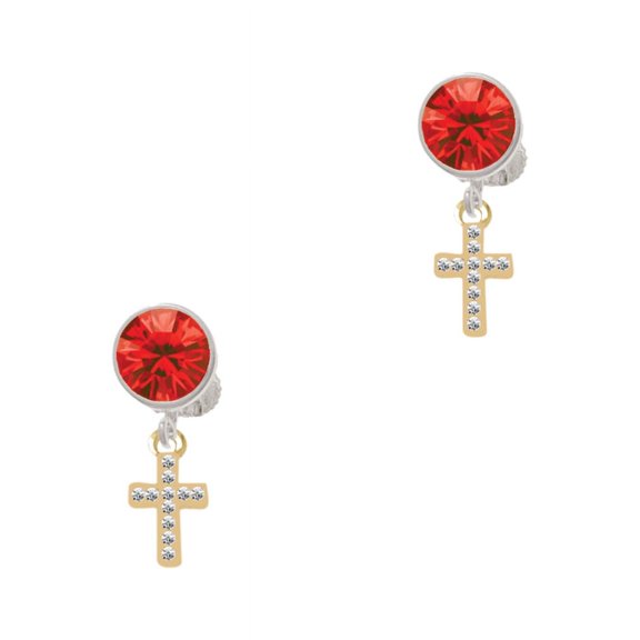 Delight Jewelry Goldtone Small Crystal Cross Red Crystal Clip on Earrings