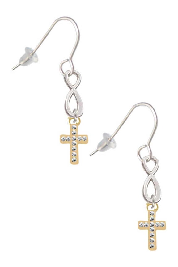 Goldtone Small Crystal Cross Silver tone Infinity French Earrings