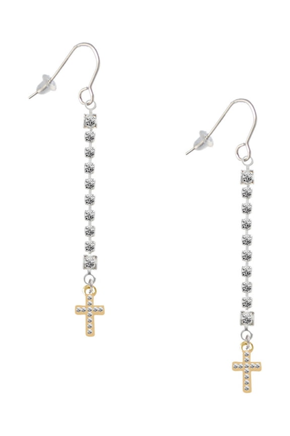 Goldtone Small Crystal Cross - Silver-tone Long Sparkle Dangle French Earrings