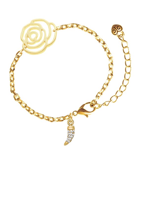 Goldtone Small Crystal Sabre Tooth Gold-tone Flower Link Chain Bracelet, 6.75"+2" Extender