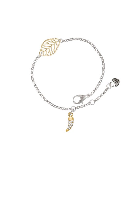 Goldtone Small Crystal Sabre Tooth - Goldtone Leaf Delicate Bracelet, 6.25+1.75"